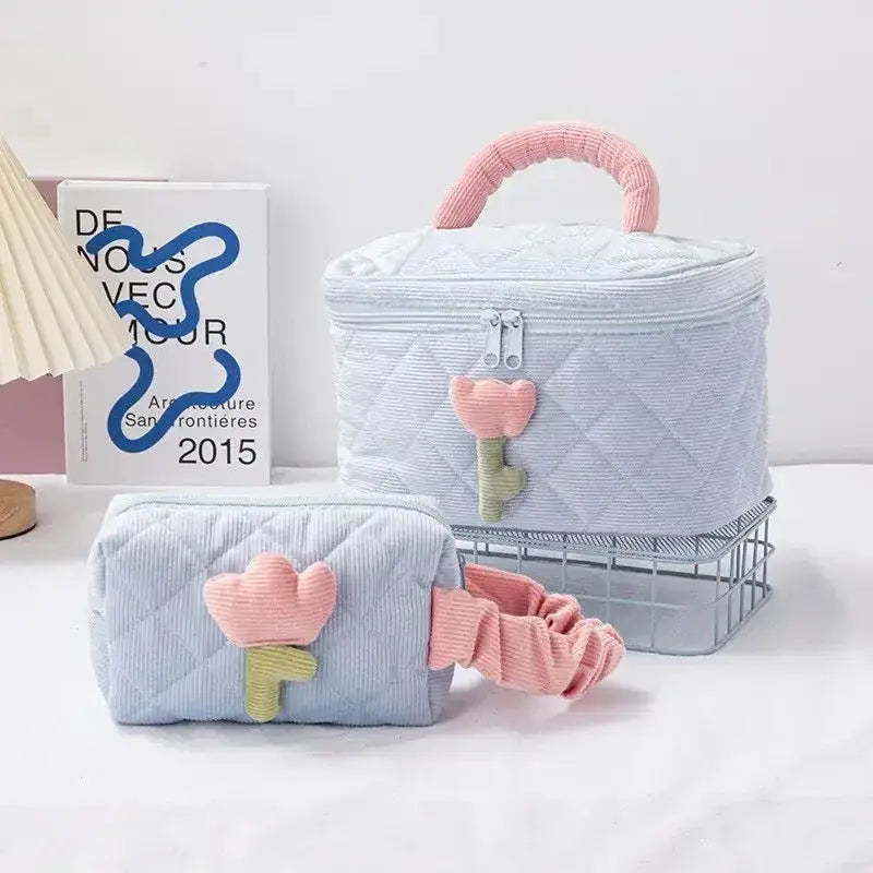 Corduroy Flower Cosmetic Makeup Bag Set - Blue