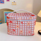 Cute Kawaii Character Pattern Cosmetic Makeup Bag - Brown Gingham Bear