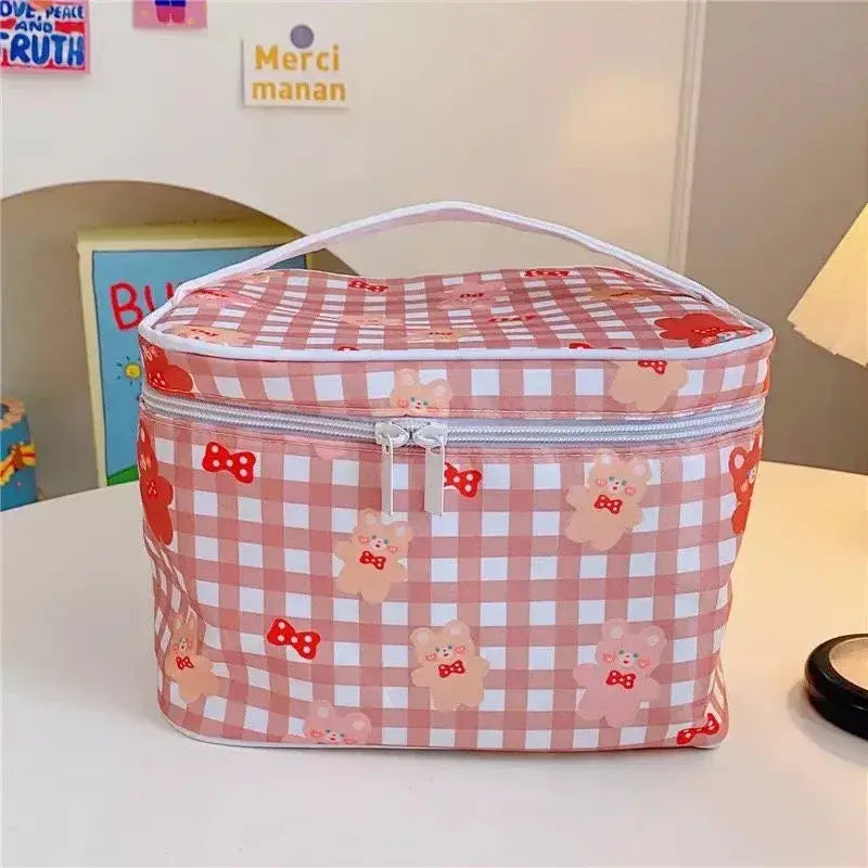 Cute Kawaii Character Pattern Cosmetic Makeup Bag - Brown Gingham Bear