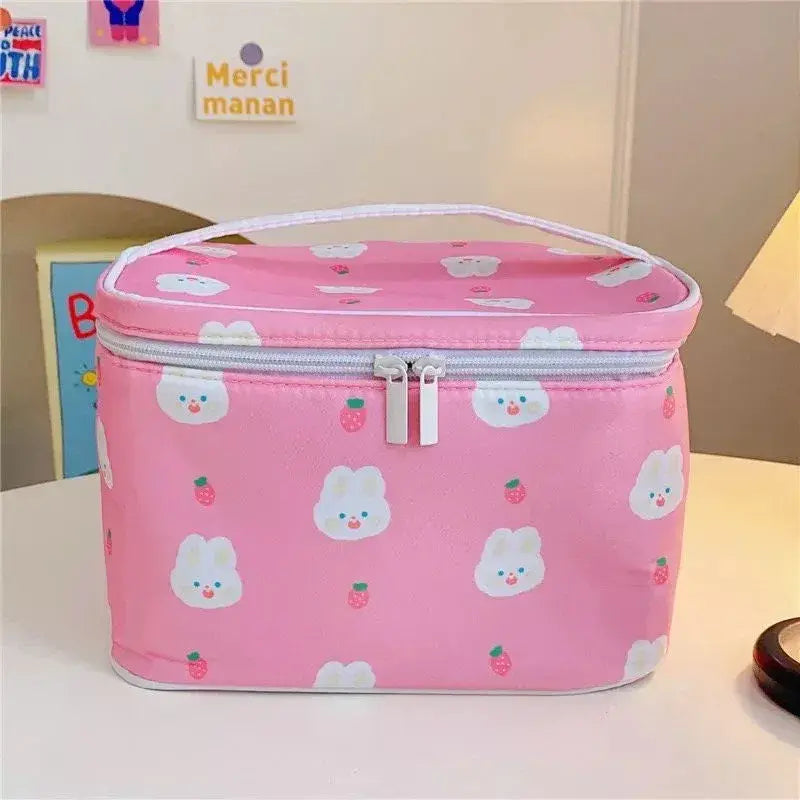 Cute Kawaii Character Pattern Cosmetic Makeup Bag - Pink w/ White Bunny