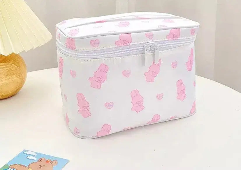 Cute Kawaii Character Pattern Cosmetic Makeup Bag - White w/ Pink Bunny