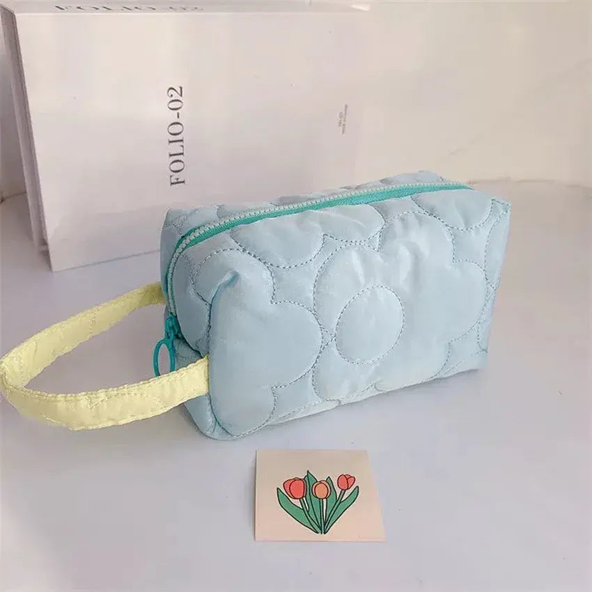 Flower Stitch Makeup Carrying Pouch - Blue