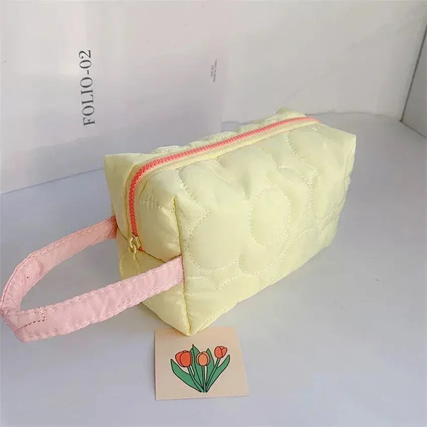 Flower Stitch Makeup Carrying Pouch - Yellow