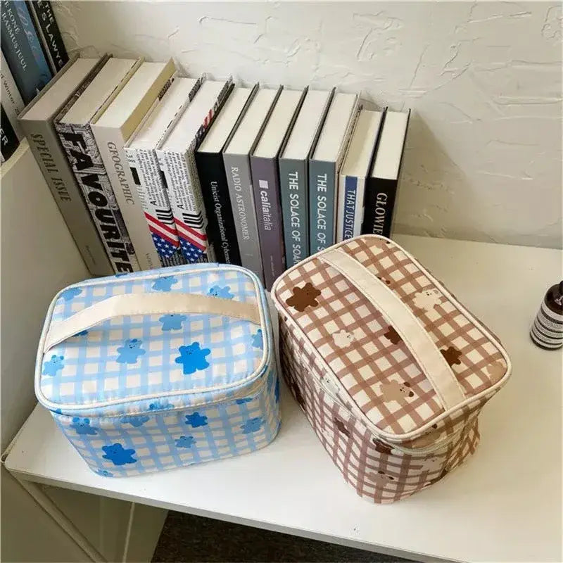Gingham Kawaii Bear Cosmetic Makeup Bag