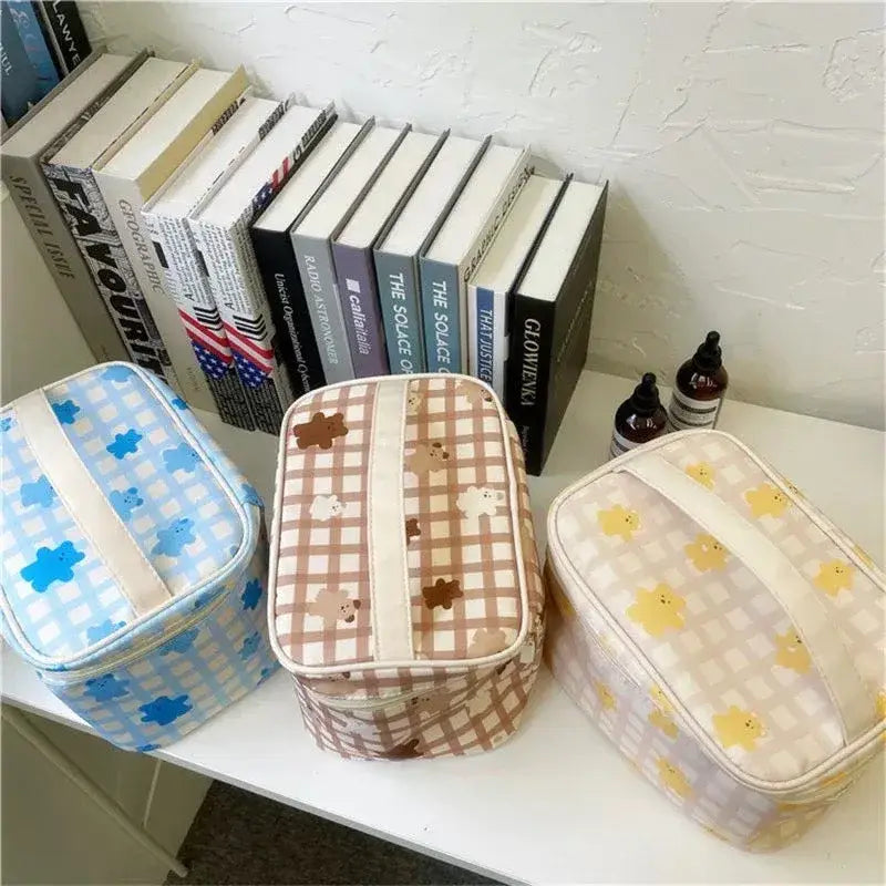 Gingham Kawaii Bear Cosmetic Makeup Bag