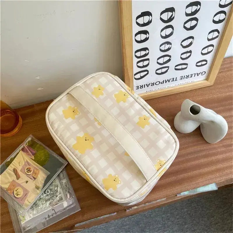 Gingham Kawaii Bear Cosmetic Makeup Bag - Banana