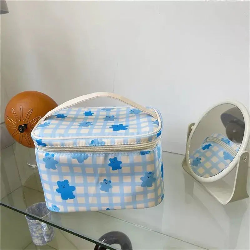 Gingham Kawaii Bear Cosmetic Makeup Bag - Blueberry