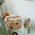 Gingham Kawaii Bear Cosmetic Makeup Bag - Chocolate