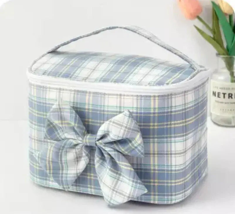 Madras Plaid Cosmetic Makeup Bag - Sky