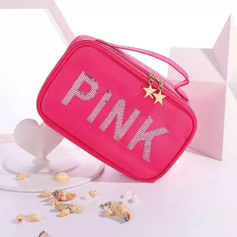 Pink Sequin Cosmetic Makeup Bag - Berry Rose
