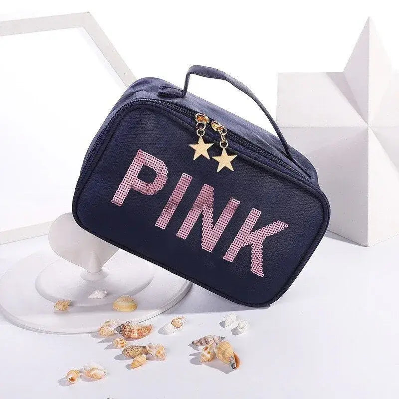Pink Sequin Cosmetic Makeup Bag - Soft Navy