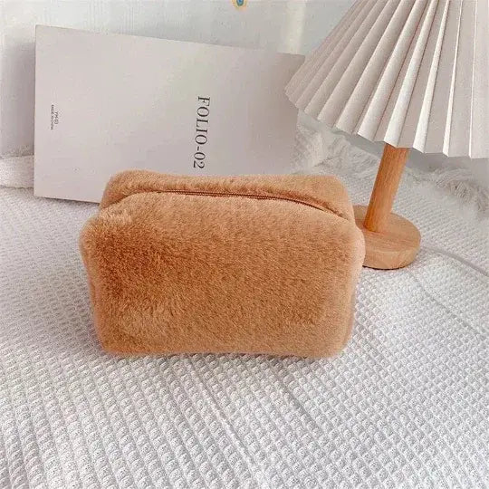 Plush Faux Fur Makeup Storage Bag - Brown