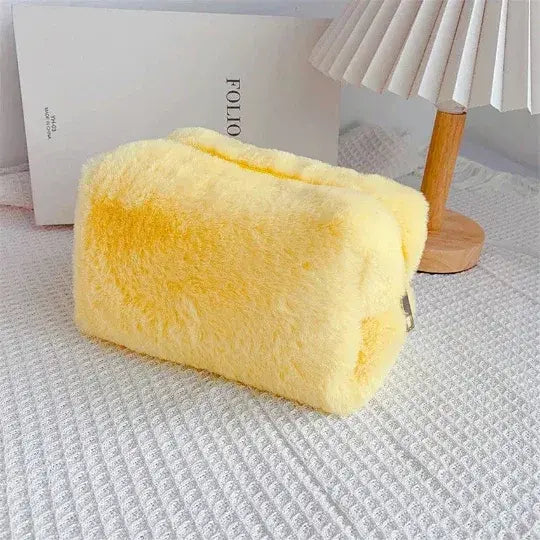 Plush Faux Fur Makeup Storage Bag - Yellow