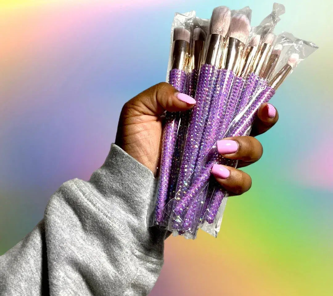 Purple Diamond Studded Bling Makeup Brush Set 12pc