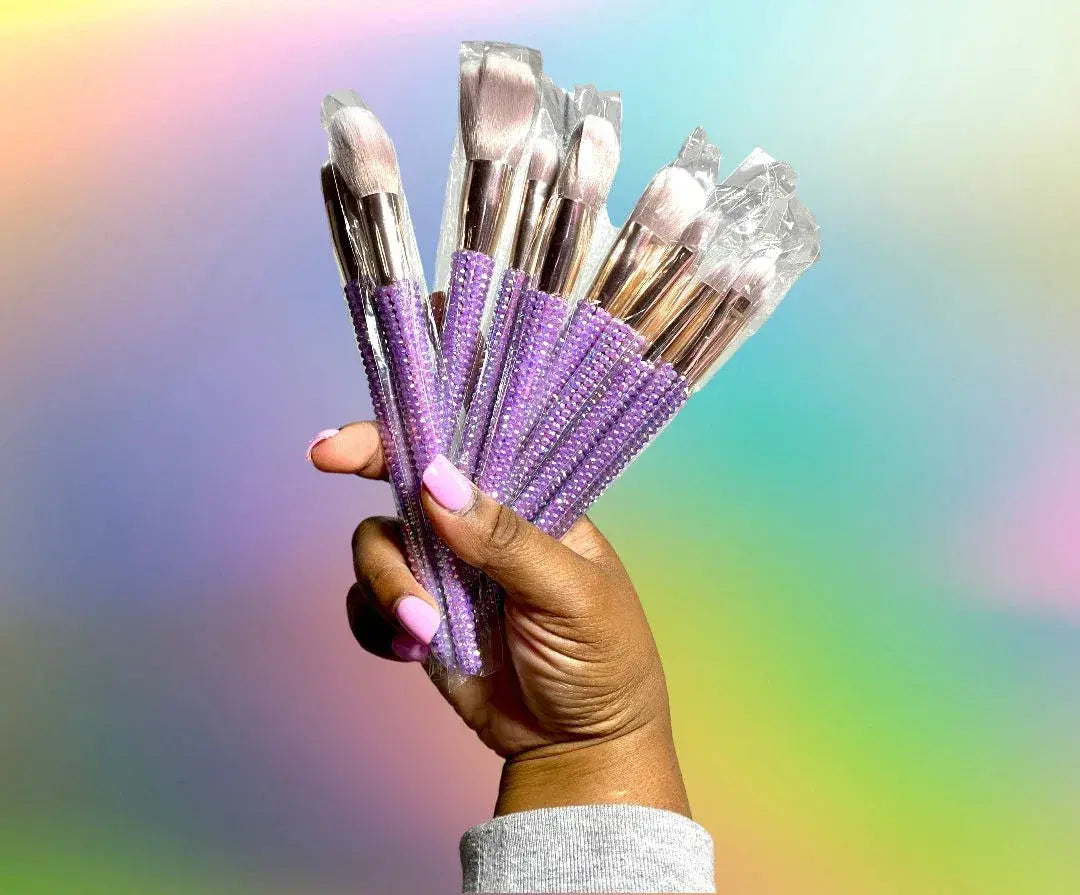 Purple Diamond Studded Bling Makeup Brush Set 12pc