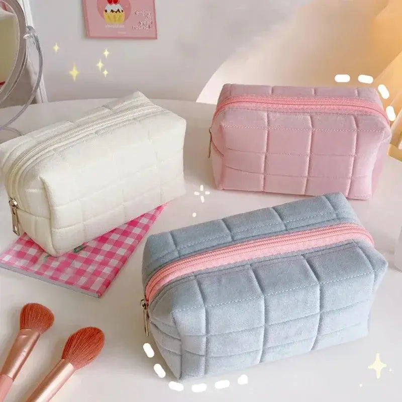 Square Quilted Puffy Plush Cosmetic Multifunction Makeup Bag
