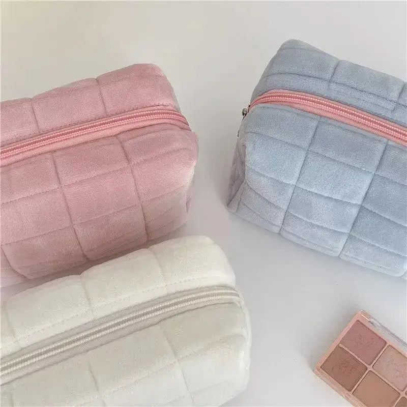 Square Quilted Puffy Plush Cosmetic Multifunction Makeup Bag