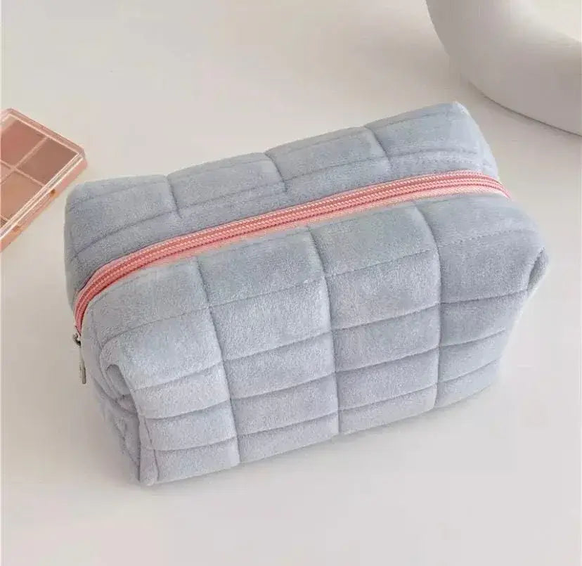 Square Quilted Puffy Plush Cosmetic Multifunction Makeup Bag - Blue