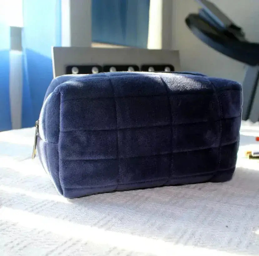 Square Quilted Puffy Plush Cosmetic Multifunction Makeup Bag - Navy