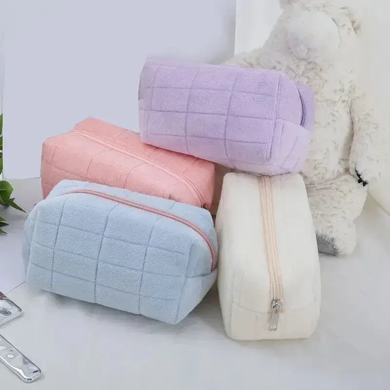 Square Quilted Puffy Plush Cosmetic Multifunction Makeup Bag - Pink