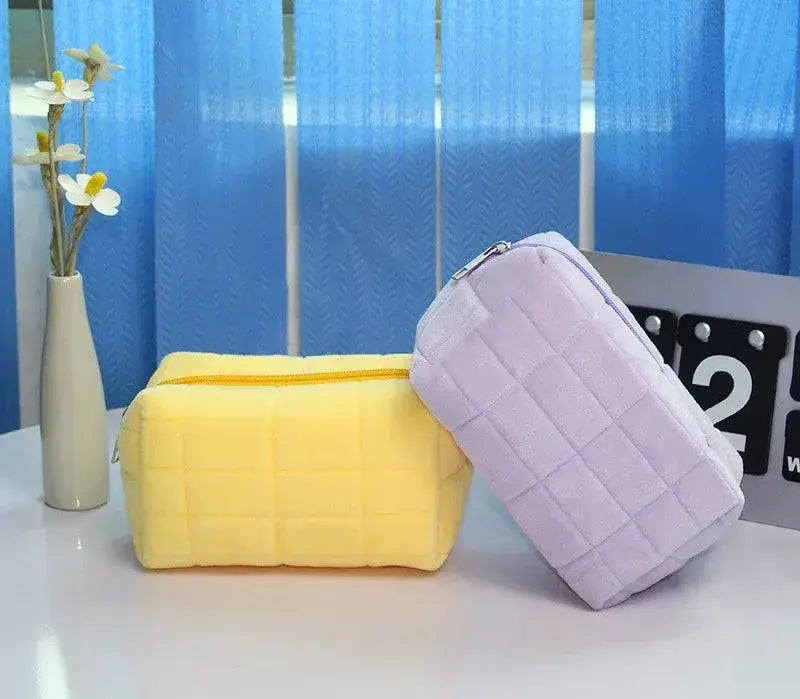 Square Quilted Puffy Plush Cosmetic Multifunction Makeup Bag - Purple