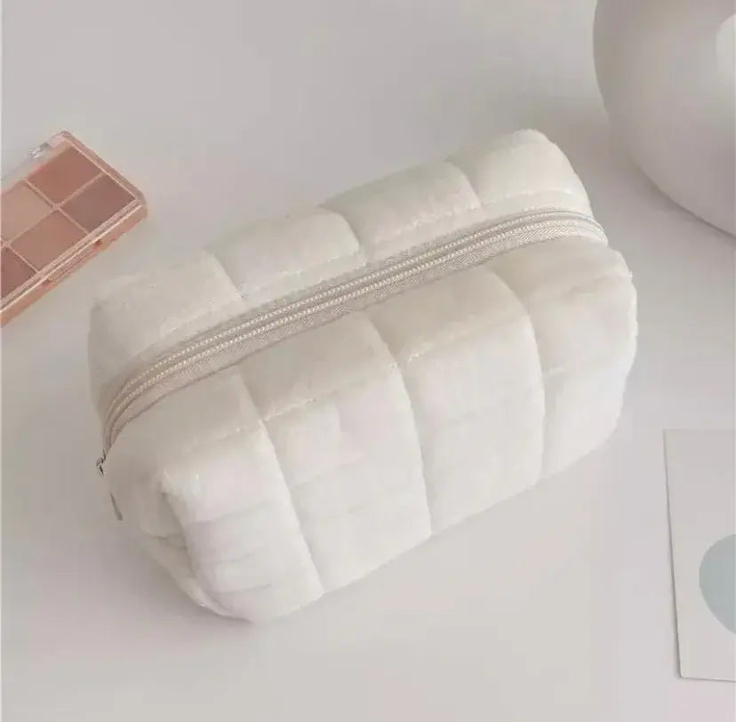 Square Quilted Puffy Plush Cosmetic Multifunction Makeup Bag - White