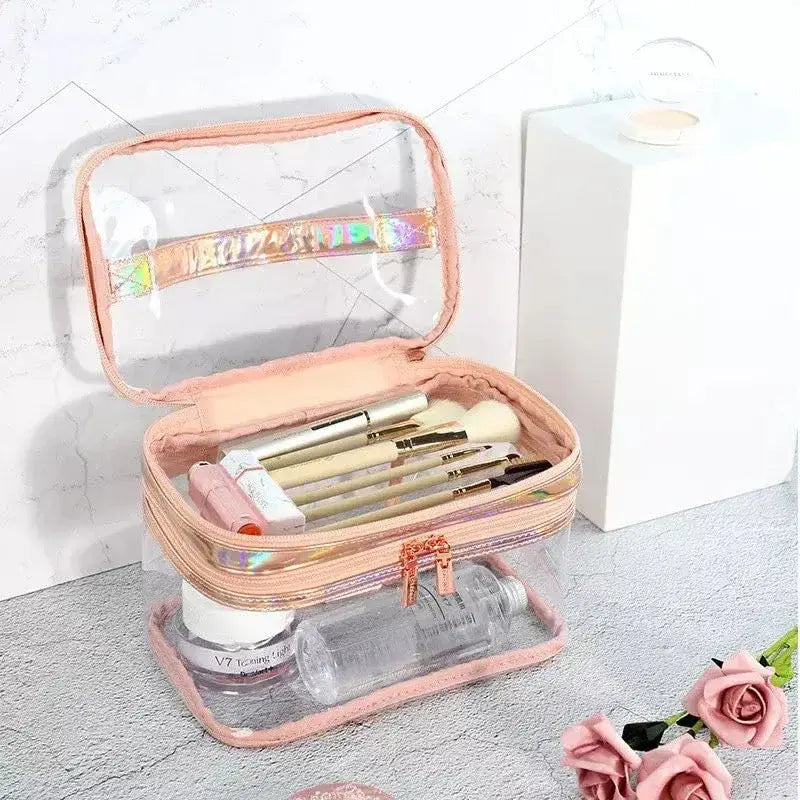 Transparent 2-Layer Clear Jelly Makeup Bag 1pc - Pink